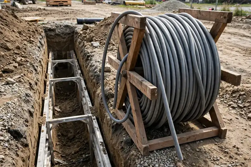 Coil of gray-jacketed USE-2 underground feeder cable beside a utility trench