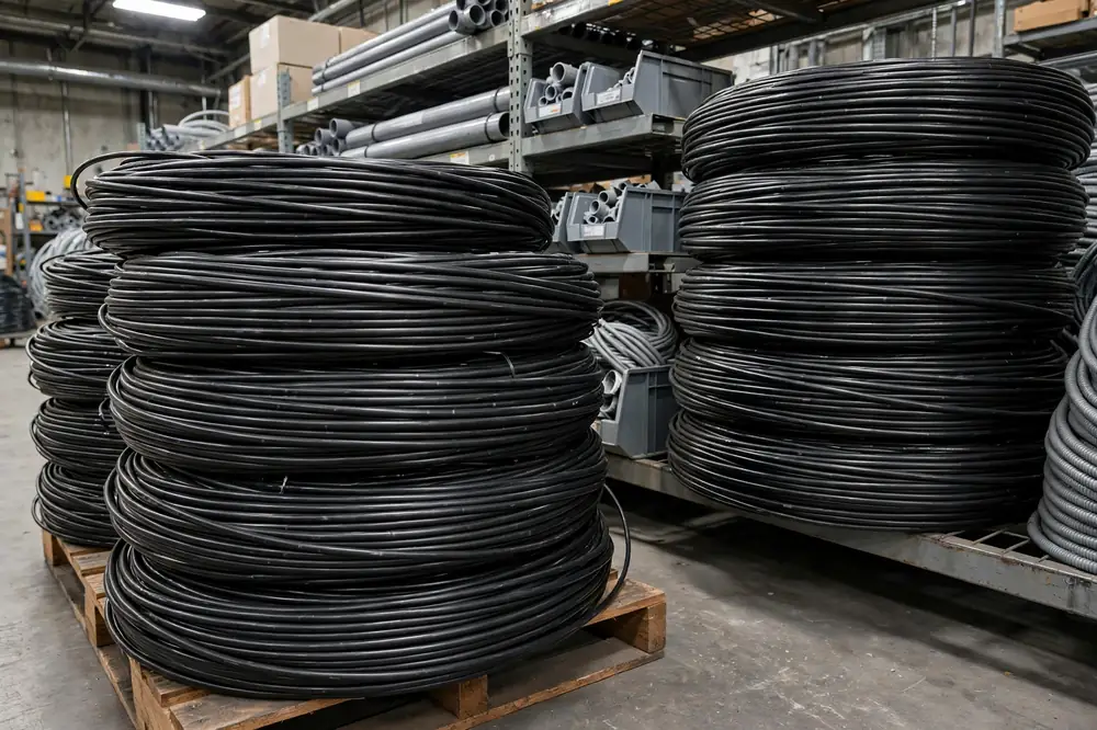 Coils of black XHHW building wire with printed jacket markings