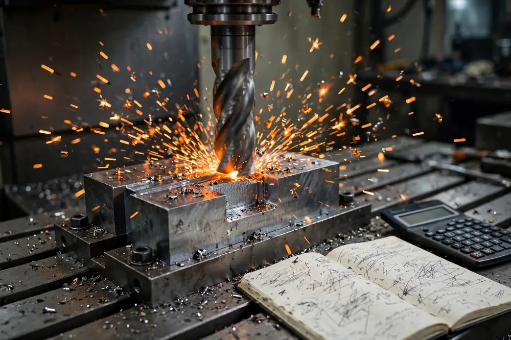 A carbide end mill cutting steel on a CNC mill with chips flying, and a machinist's notebook with speed and feed calculations beside the machine