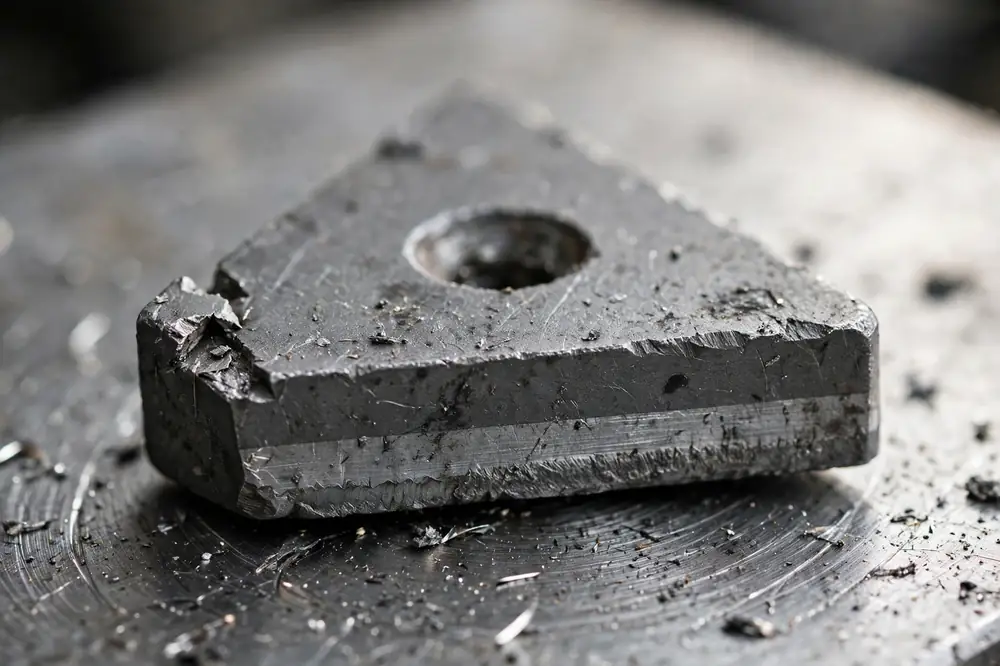 Macro photograph of a worn tungsten carbide turning insert showing flank wear along the cutting edge and a chipped corner