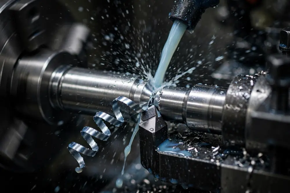 A CNC lathe turning a stainless steel shaft with a carbide insert peeling a continuous blue chip, with coolant flowing
