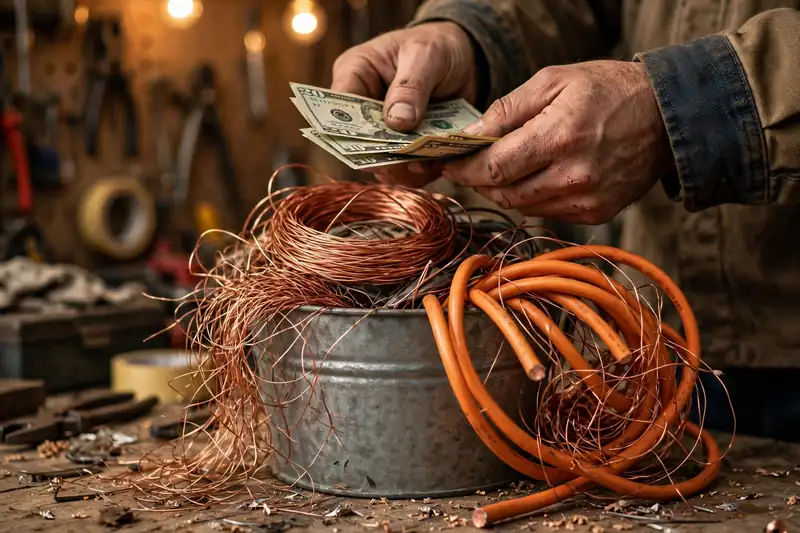 Hands holding cash over a bucket of Romex copper wire