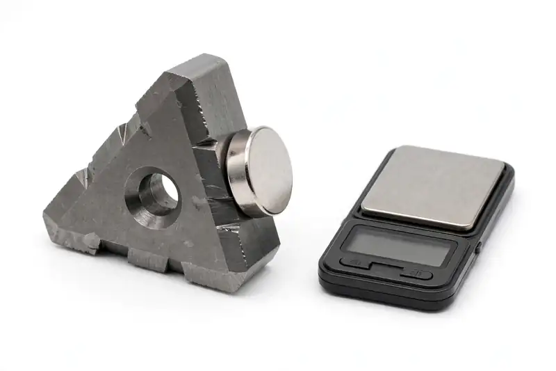 A small round magnet stuck to a tungsten carbide insert beside a digital pocket scale, illustrating the magnet test