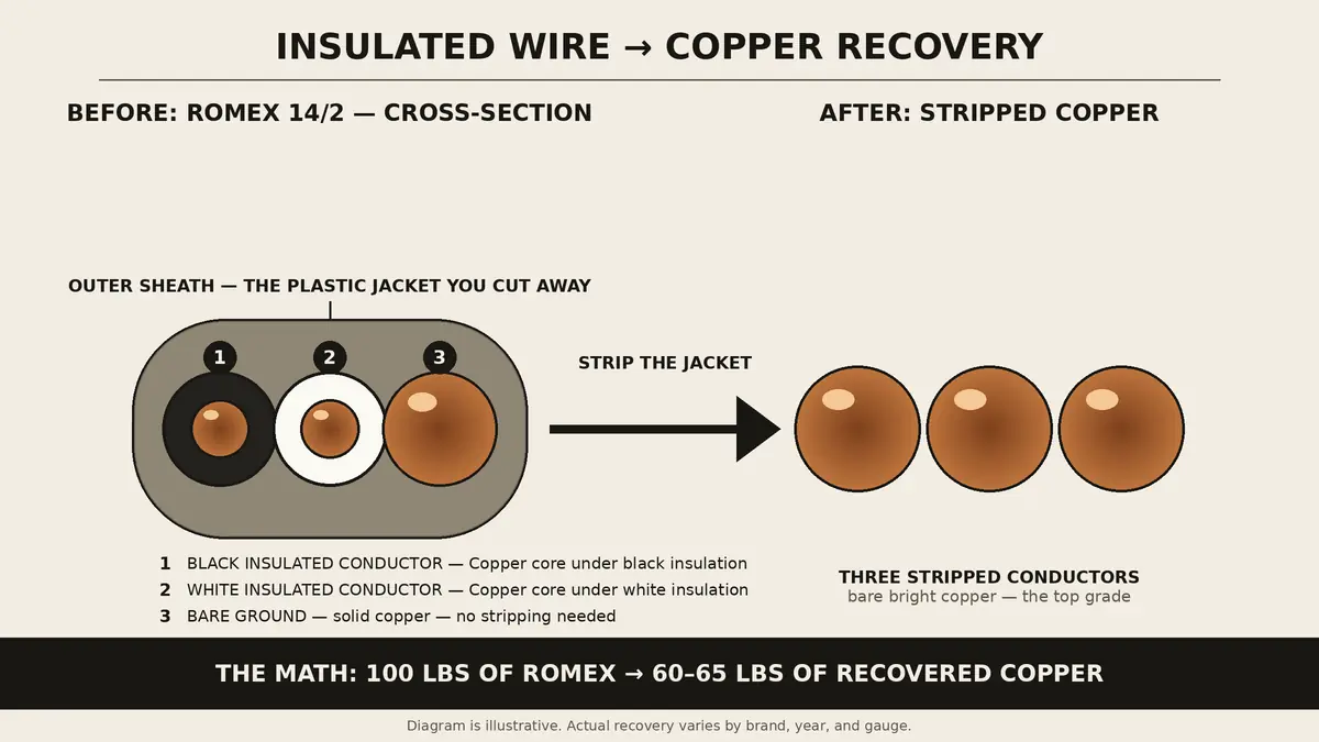 Labeled diagram showing a Romex 14/2 cross-section — outer sheath, black and white insulated conductors with copper cores, and a bare ground — with an arrow pointing to three stripped bare-bright copper conductors.
