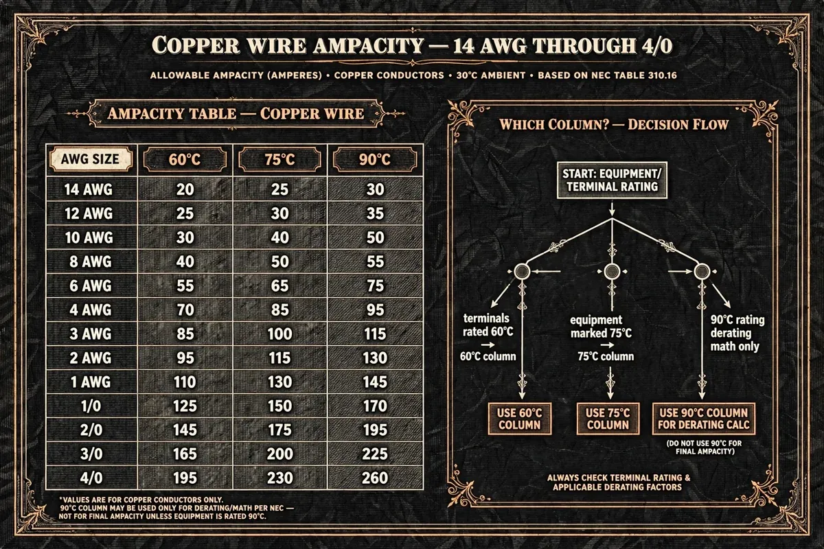 Wire gauge and ampacity chart — AWG sizes with NEC ampacity ratings