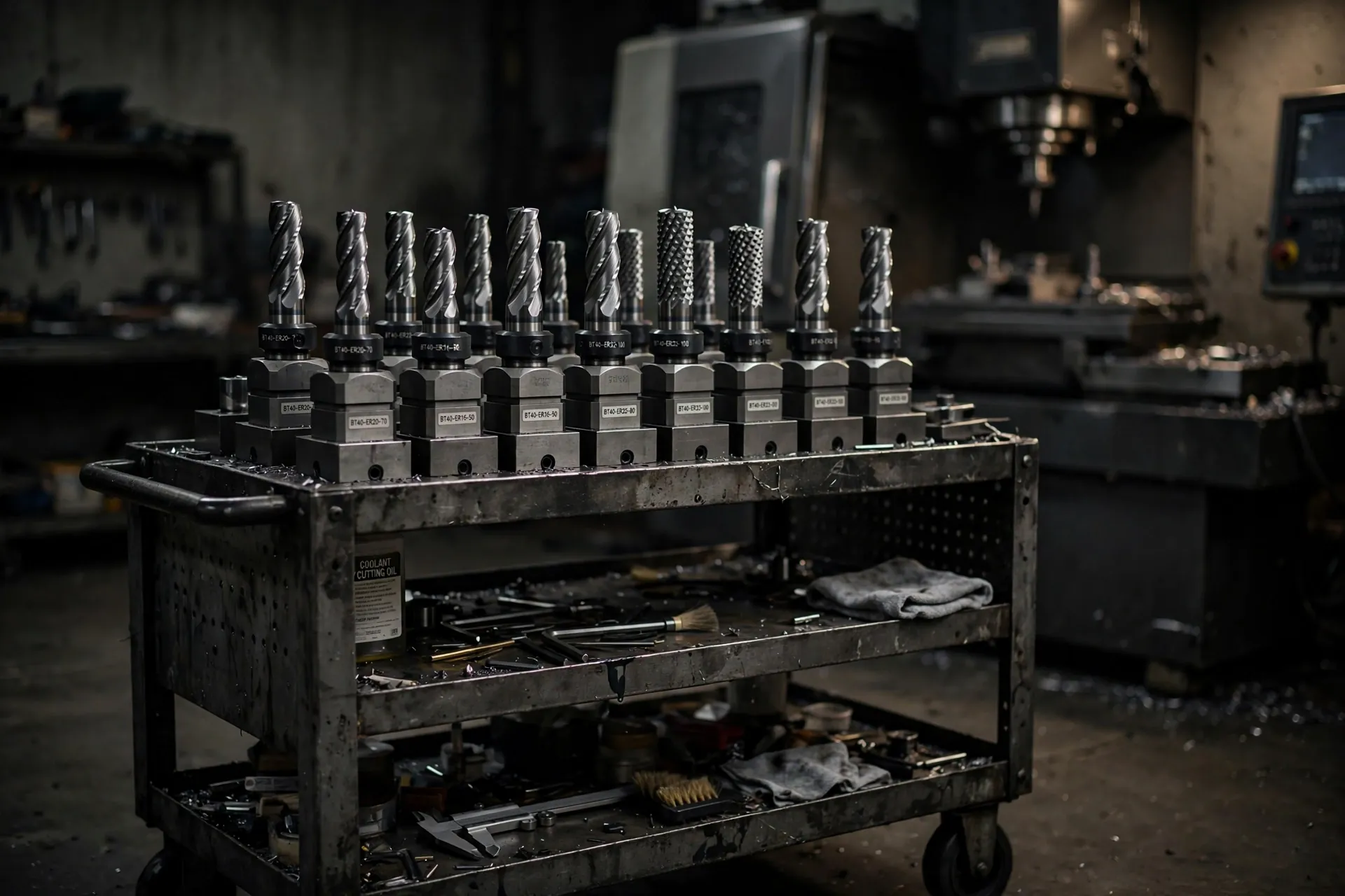 Carbide end mills in CNC tool holders at a machine shop