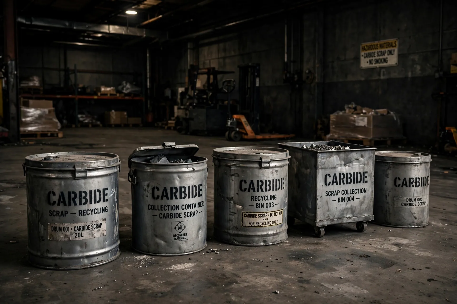 Labeled carbide scrap collection drums for commercial accounts