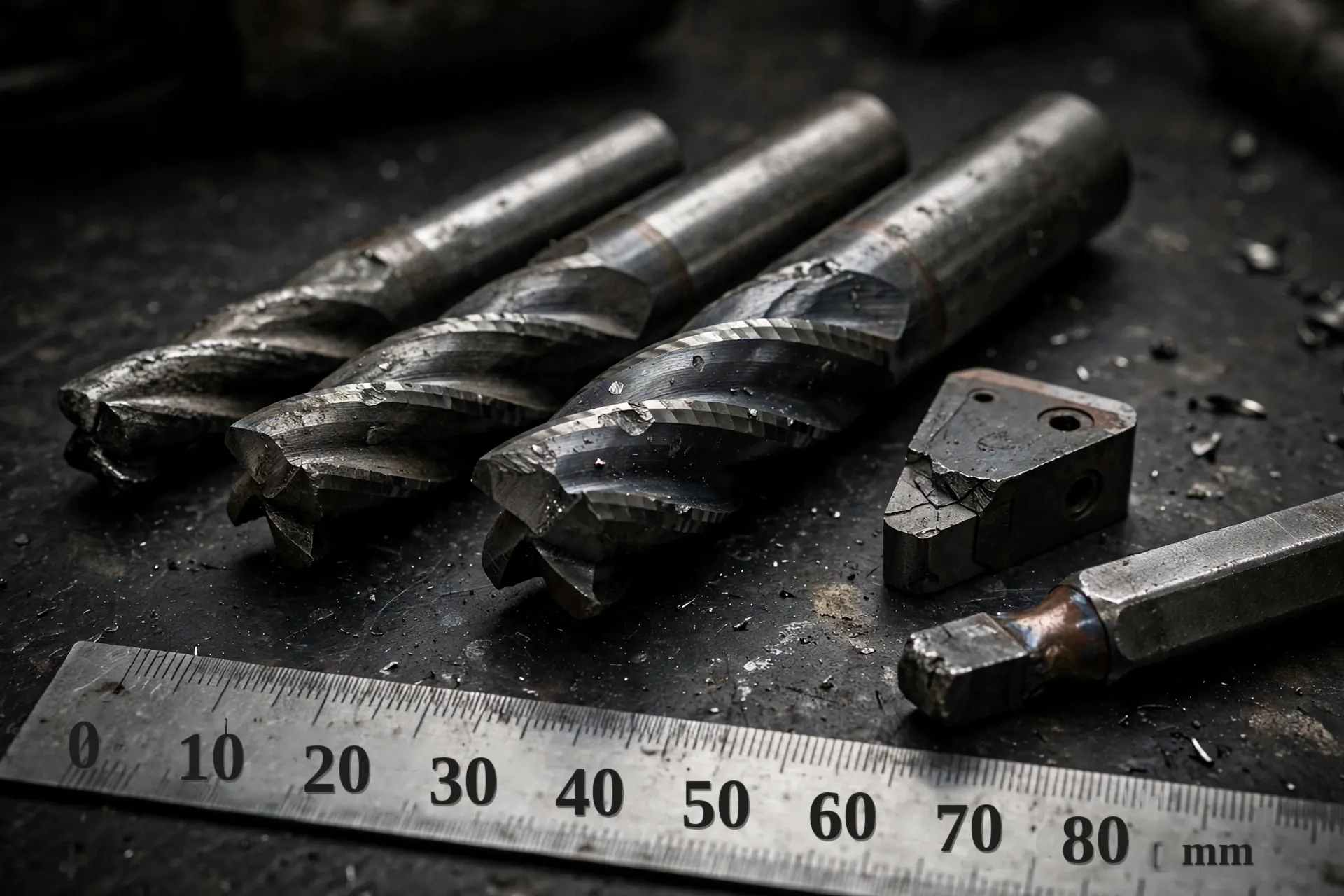 Worn carbide cutting tools with a steel ruler for scale