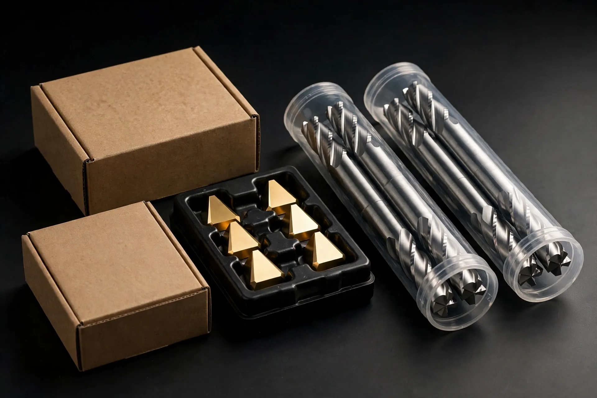 New unused carbide tooling in original packaging — insert boxes and end mill tubes