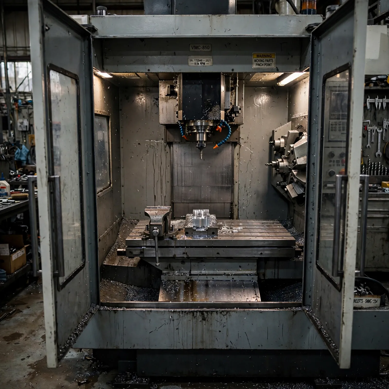Used CNC vertical machining center in a machine shop