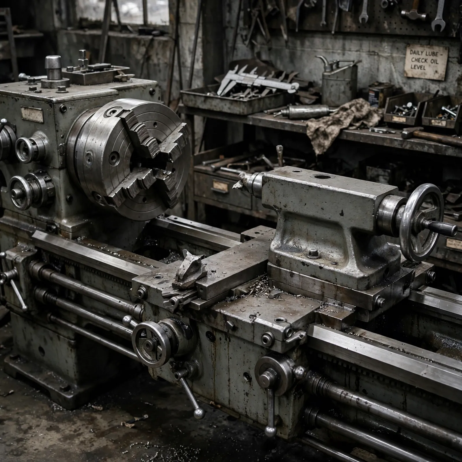 Used engine lathe with chuck and tailstock in a shop