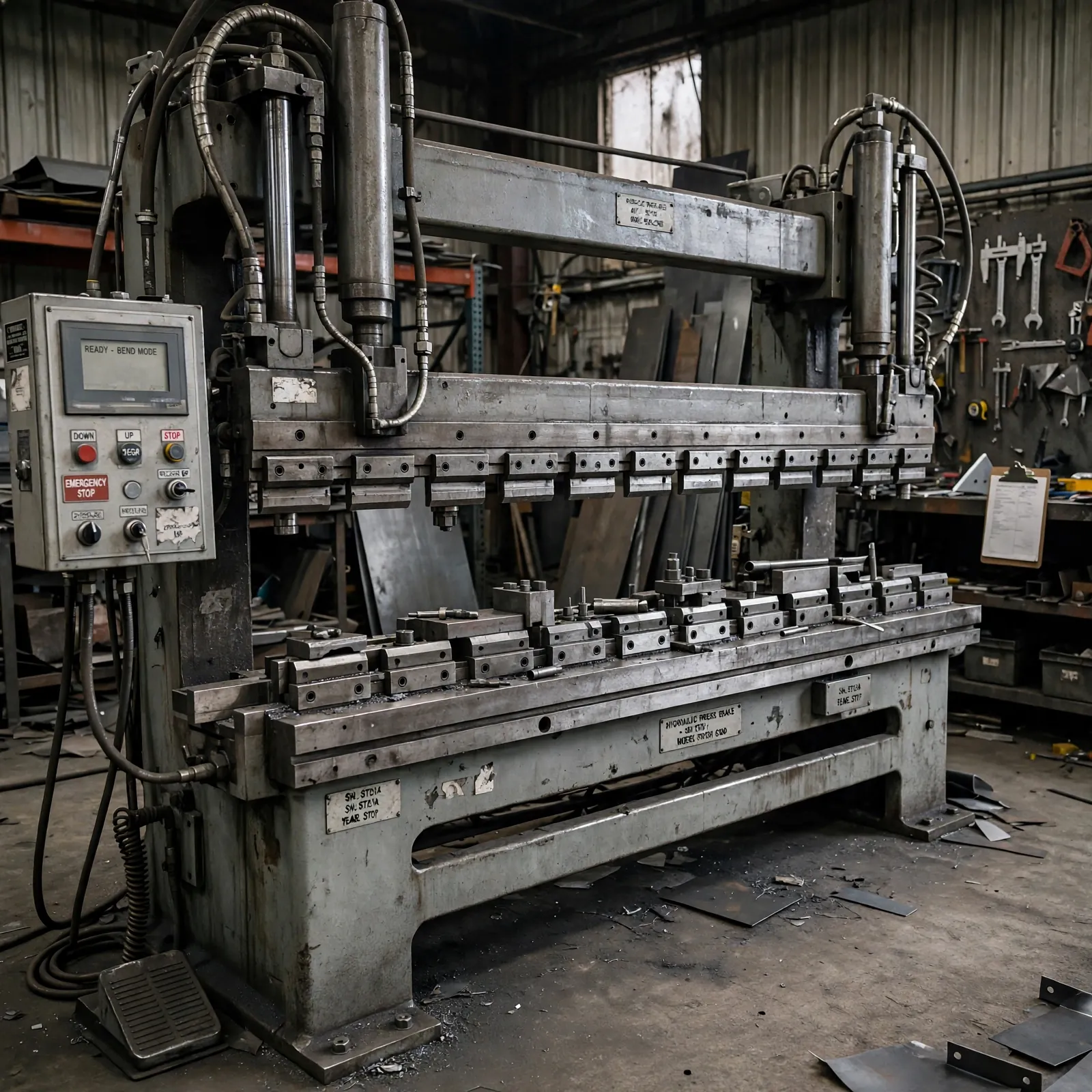 Used hydraulic press brake in a fabrication shop